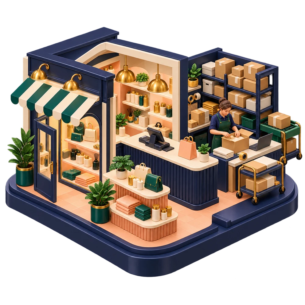 Sculptural retail shop with product displays, checkout and a back-room ecommerce packing station.