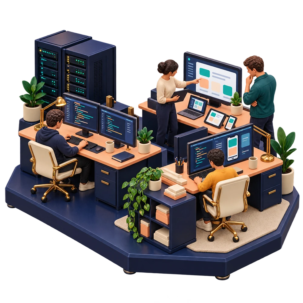 A sculptural software business with development and customer operations.