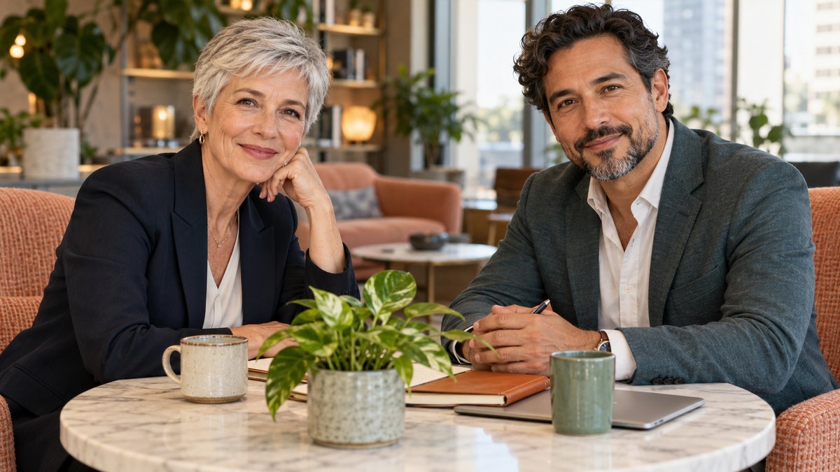 An illustrative scene of two experienced consultants looking at the reader in an inviting conversation space.