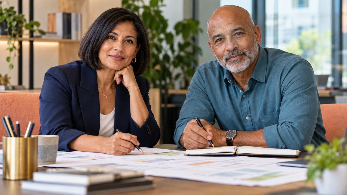 An illustrative consultant and operations colleague review a project plan, looking directly at the reader.