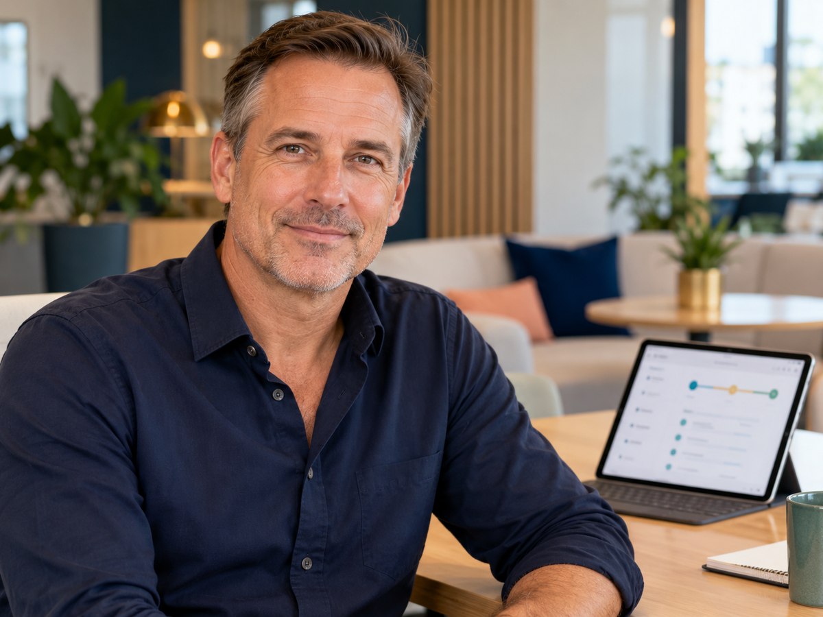 An illustrative customer-experience consultant welcomes the reader beside a tablet in a contemporary meeting space.