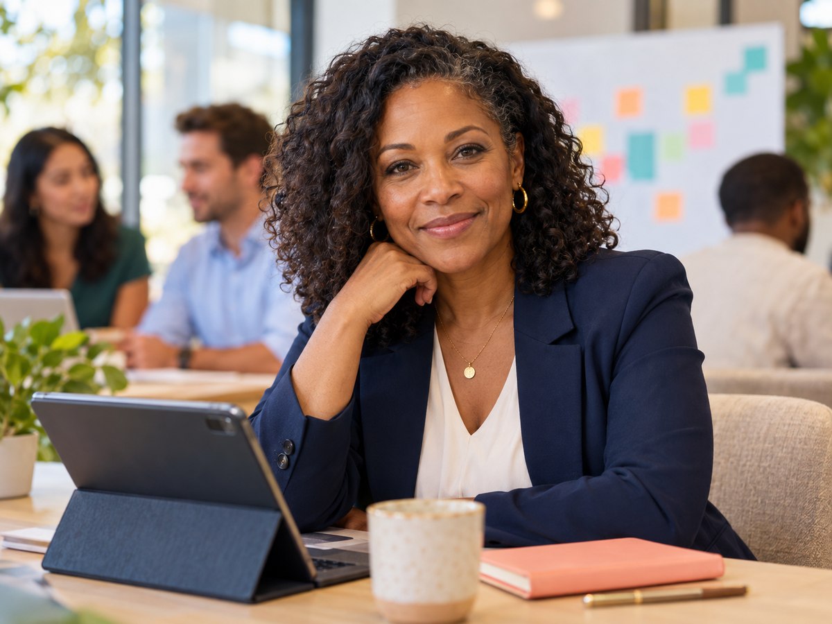 An illustrative people-operations consultant looks directly at the reader in a bright employee-experience workshop.