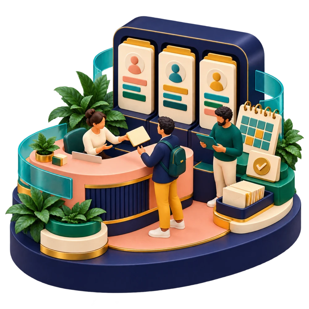 Three colleagues coordinate employee onboarding, profile records and leave approvals in a sculptural HR workplace.