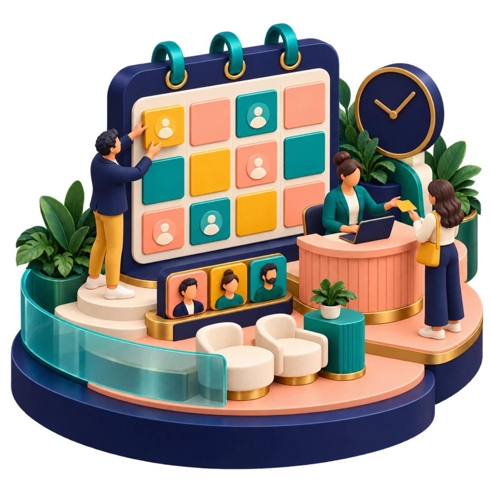 A service team matches staff profiles to appointment slots beside a reception desk and waiting area in a sculptural scheduling scene.