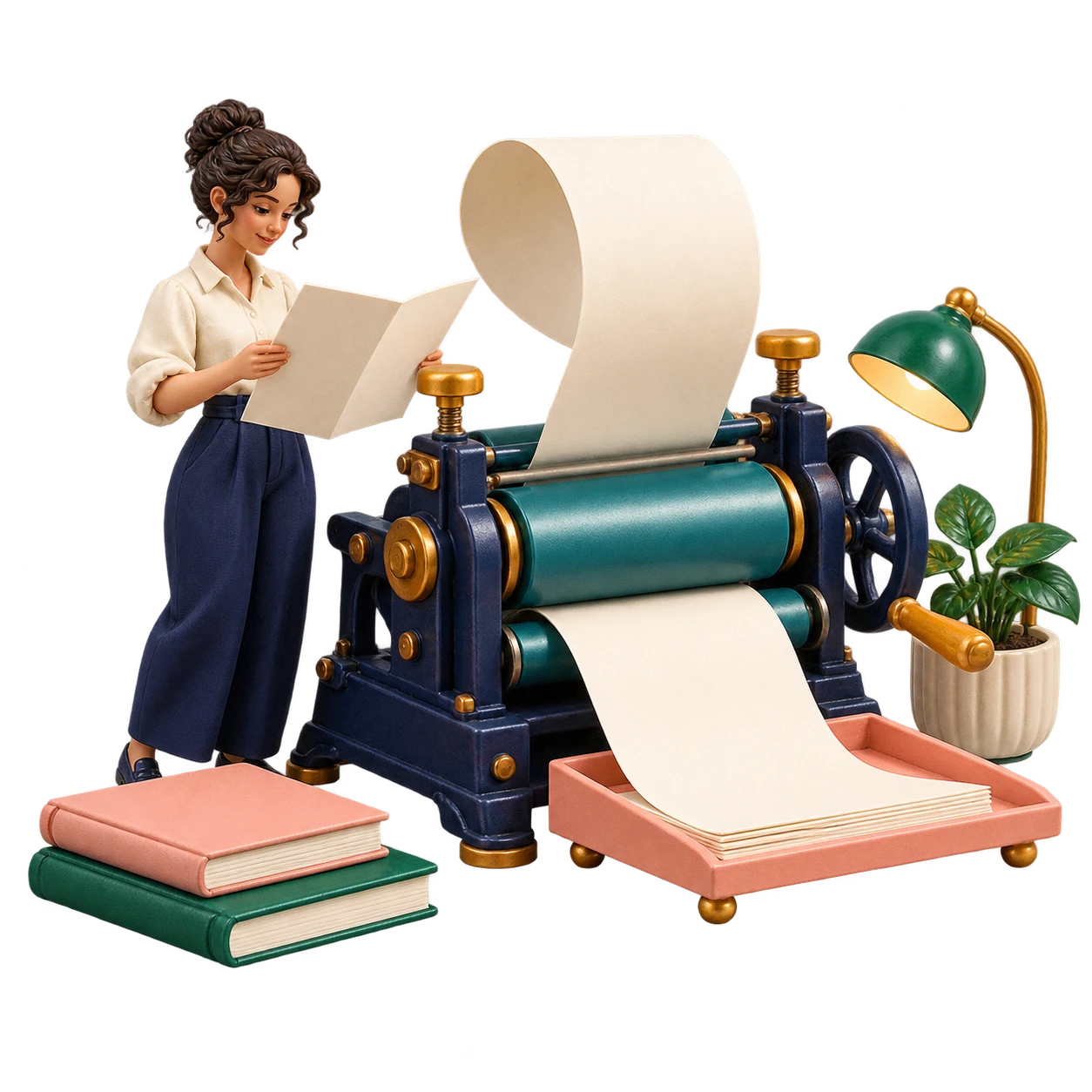A sculptural editorial printing desk for company announcements and useful updates.