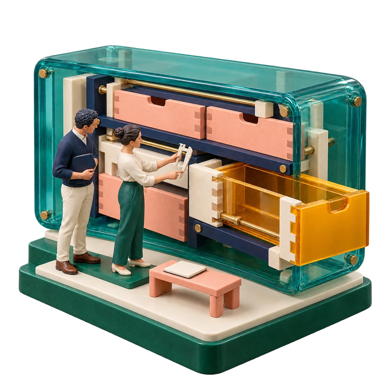 A sculptural team examining the fit and detail of a practical working model.