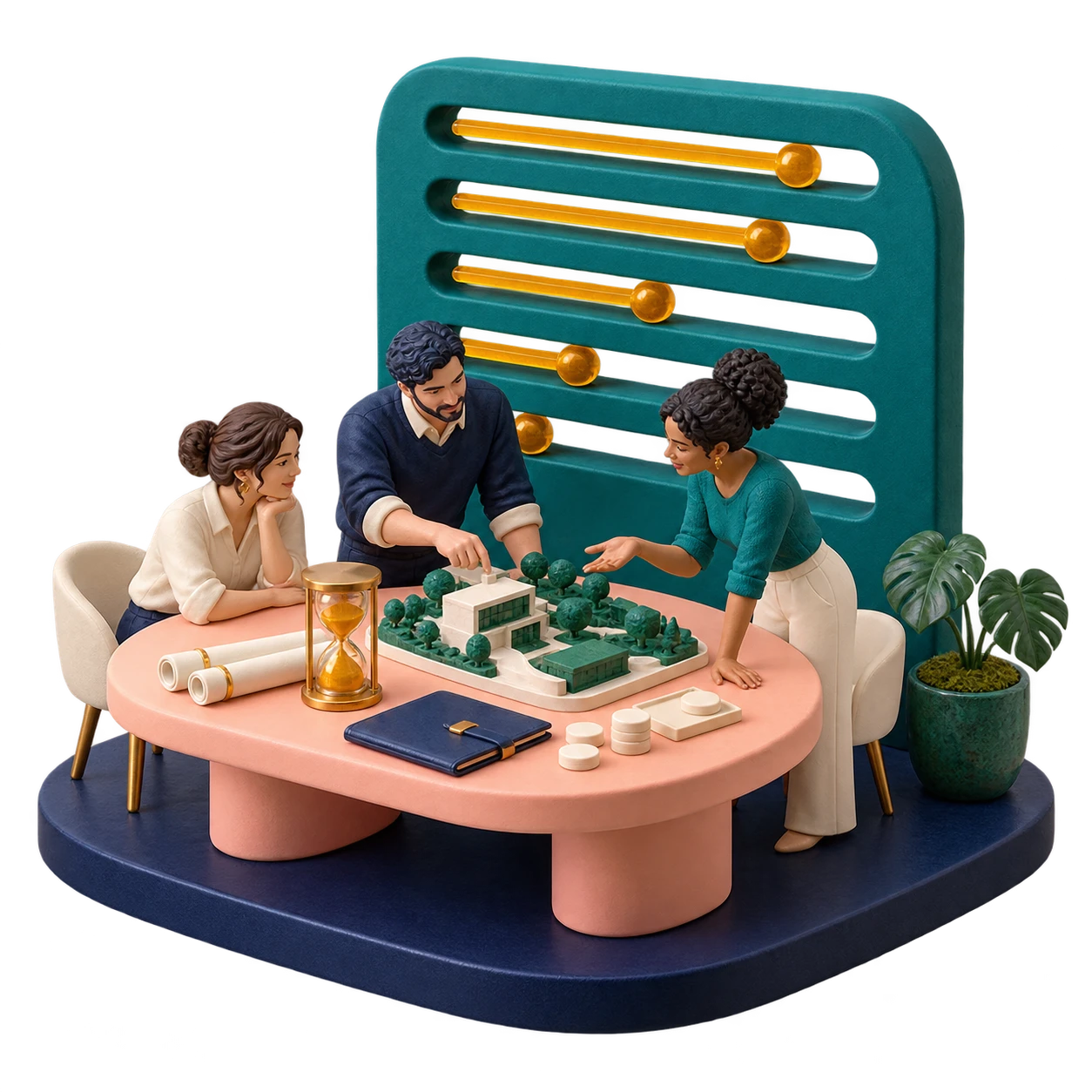 Conceptual 3D illustration of people collaborating around a professional-services workflow.