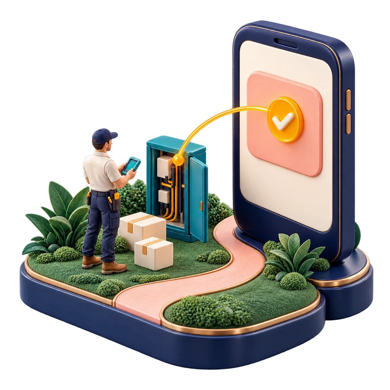 Sculptural mobile device receives a completed task from a miniature field worker