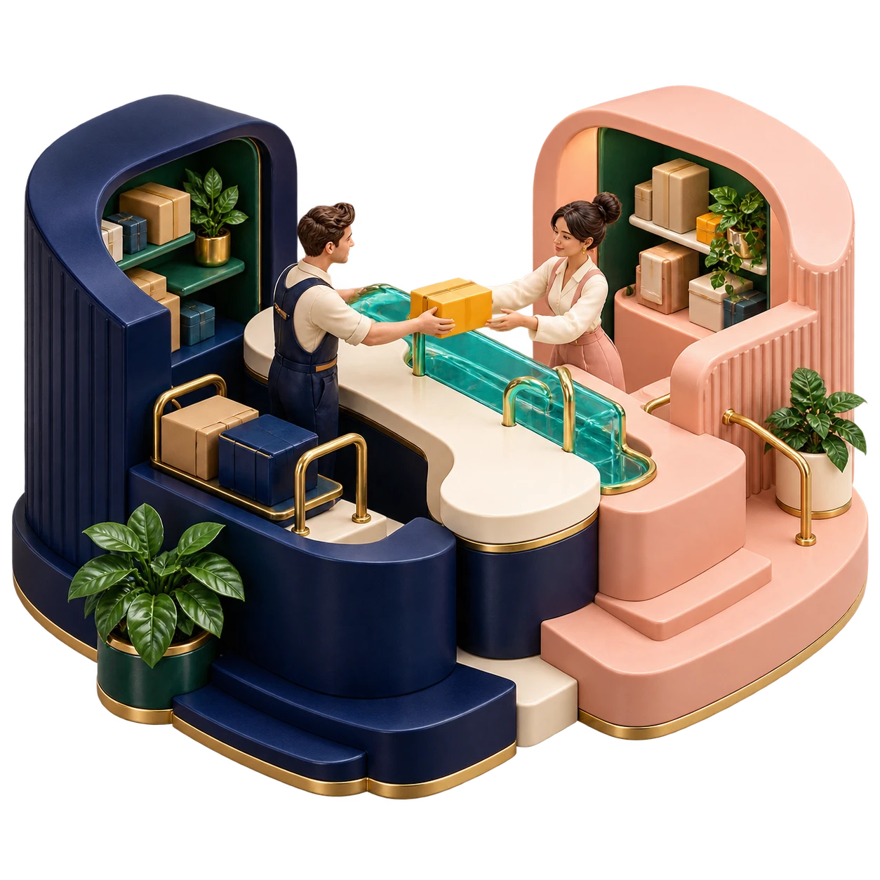 Sculptural supplier and partner exchange an order across a bounded shared counter