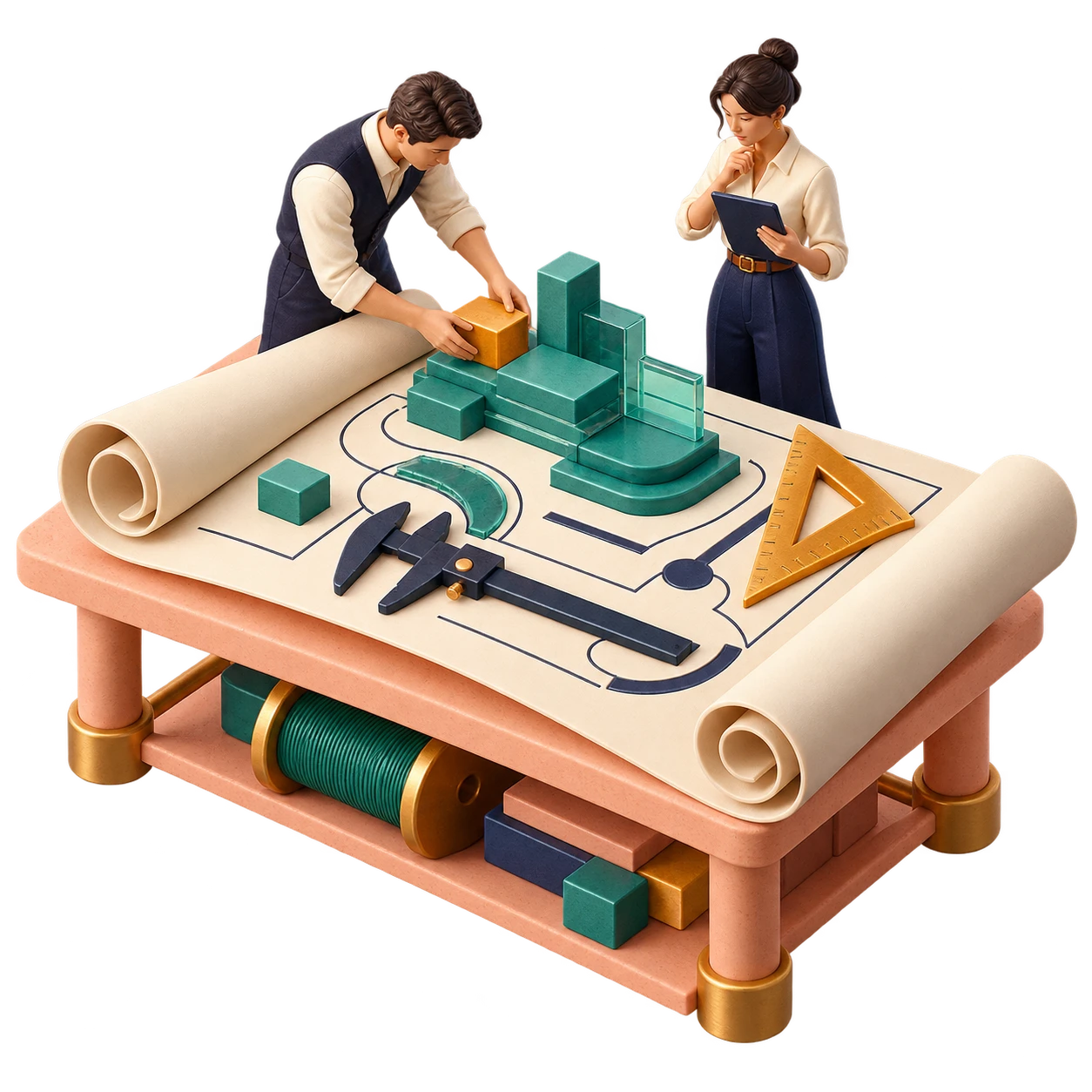 A sculptural project workshop with a rolled blueprint, ruler and carefully assembled model