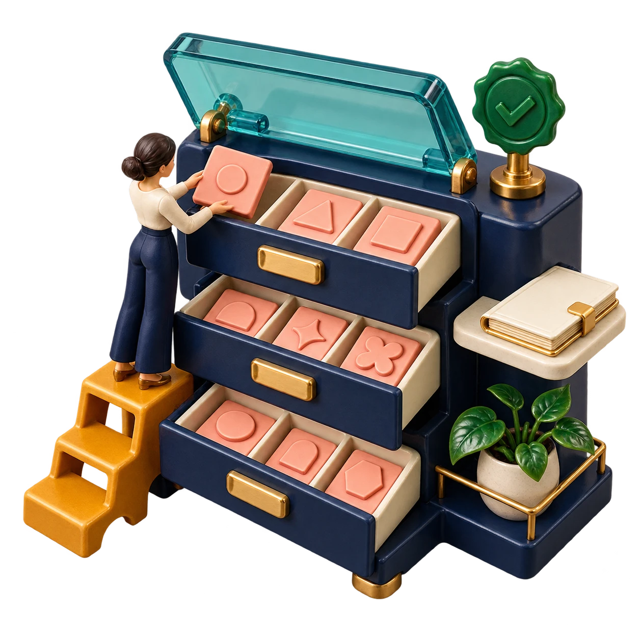 Sculptural administrator organizes approved configuration tiles in a controlled cabinet