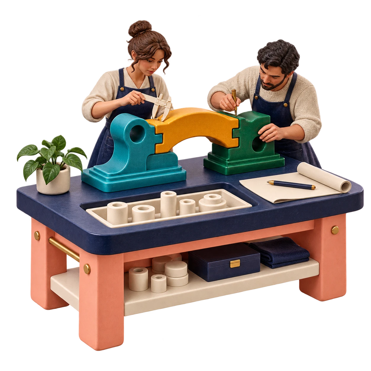 A miniature craft bench assembling a tailored extension to an existing system.