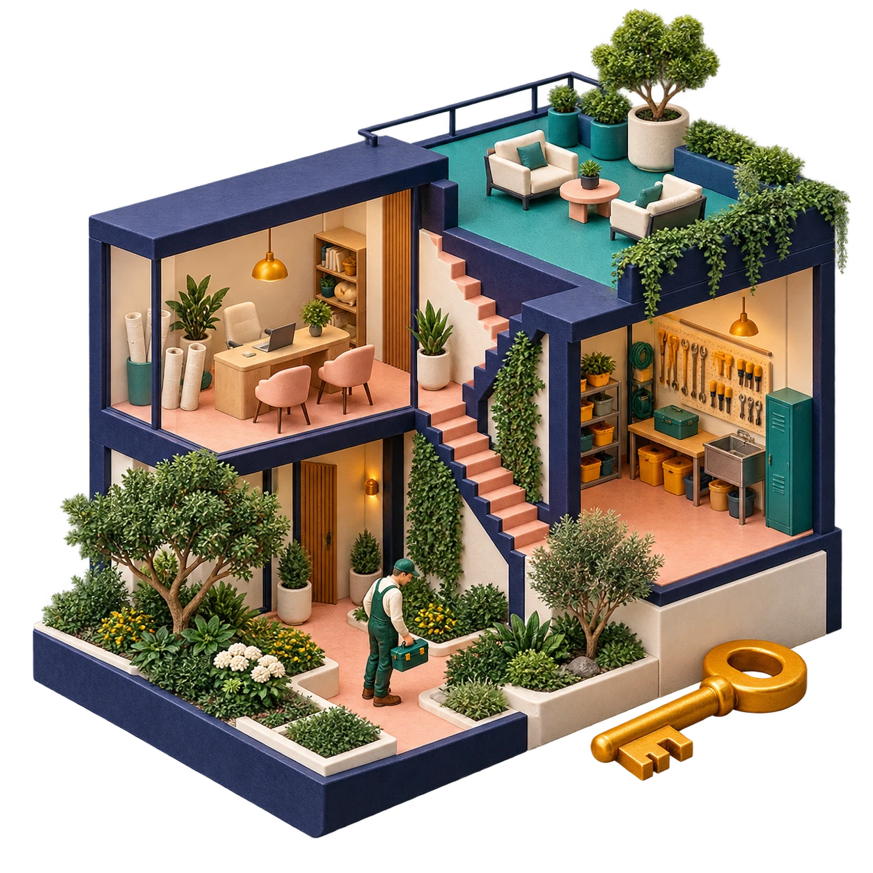 A sculptural cutaway property with maintenance and agreement records.
