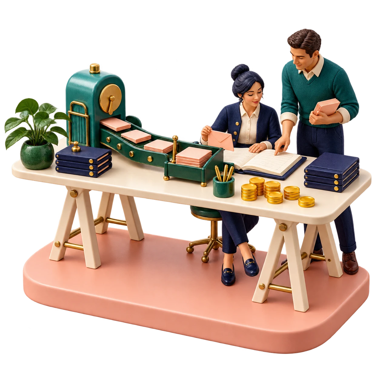 Miniature payroll workbench connecting time records, review and accounting.