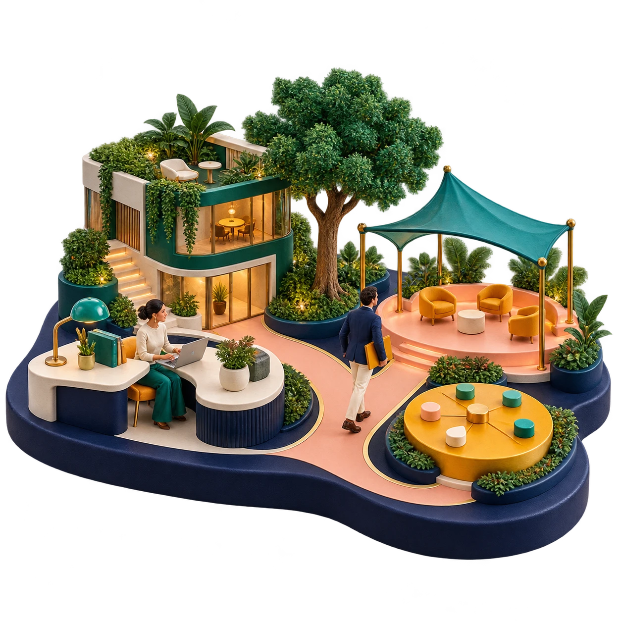 Sculptural miniature ecosystem linking people, buildings and venue operations.