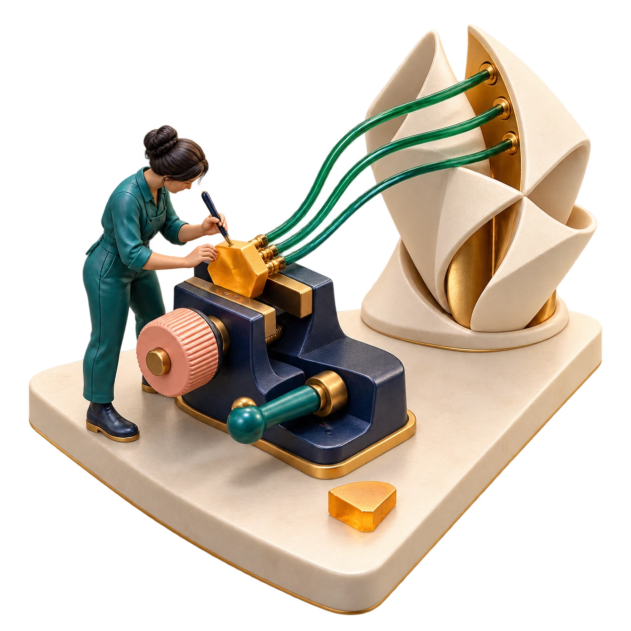 A miniature precision bench where a small component is refined within a connected assembly