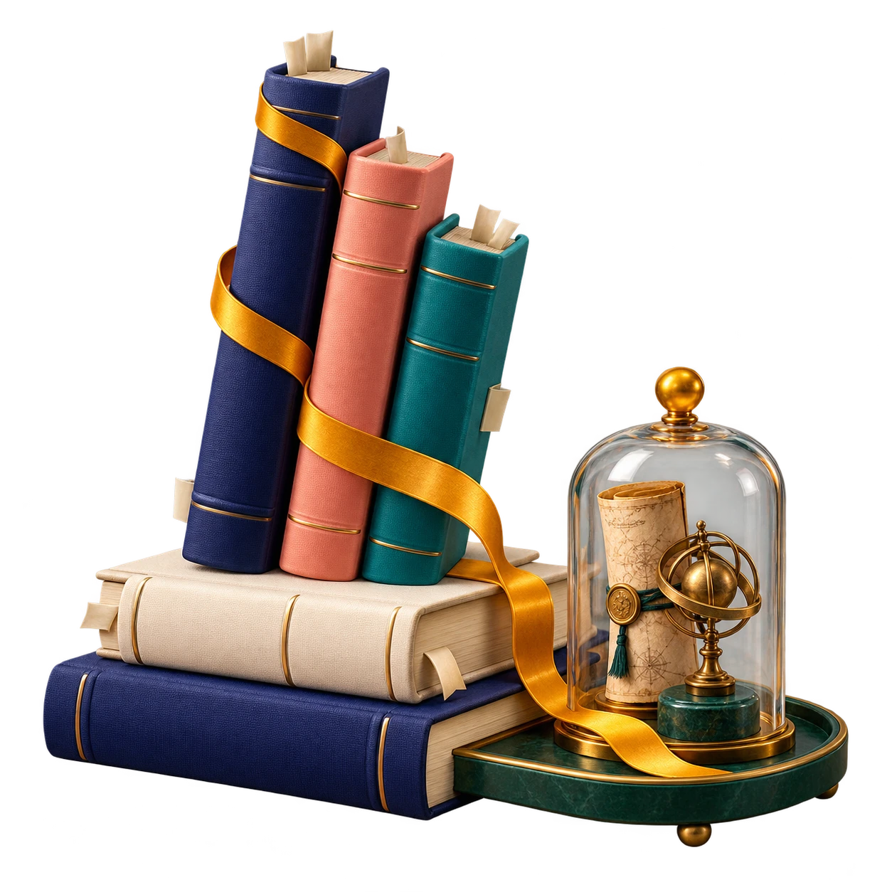 A layered sculptural archive of bound volumes, a timeline ribbon and an archival specimen