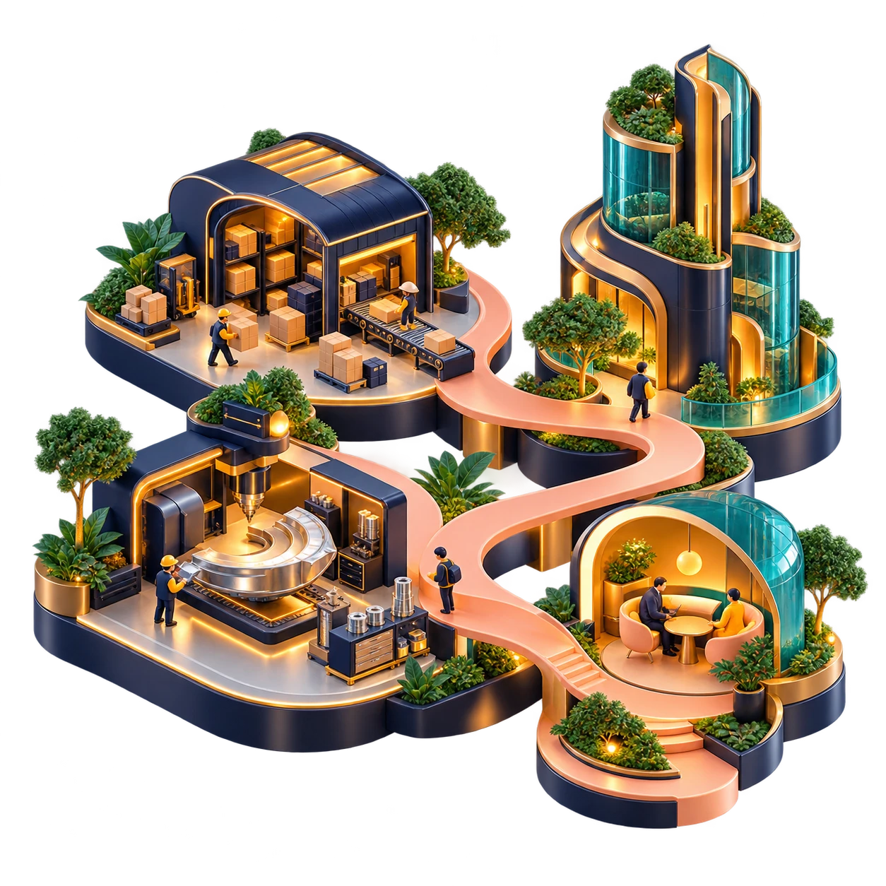 Conceptual business garden: a warehouse, property tower, workshop and meeting space connected by a flowing peach path.