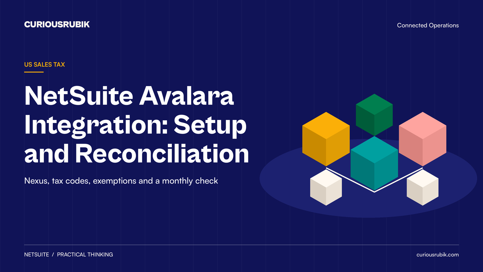 CURIOUSRUBIK title card on navy reading NetSuite Avalara Integration: Setup and Reconciliation, with isometric blocks in brand colors joined by connector lines