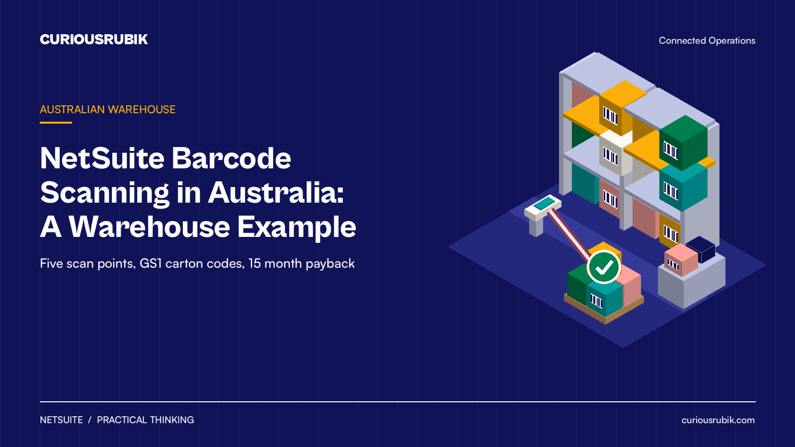 CURIOUSRUBIK isometric poster for NetSuite barcode scanning in Australia with warehouse racking, pallets and a handheld scanner