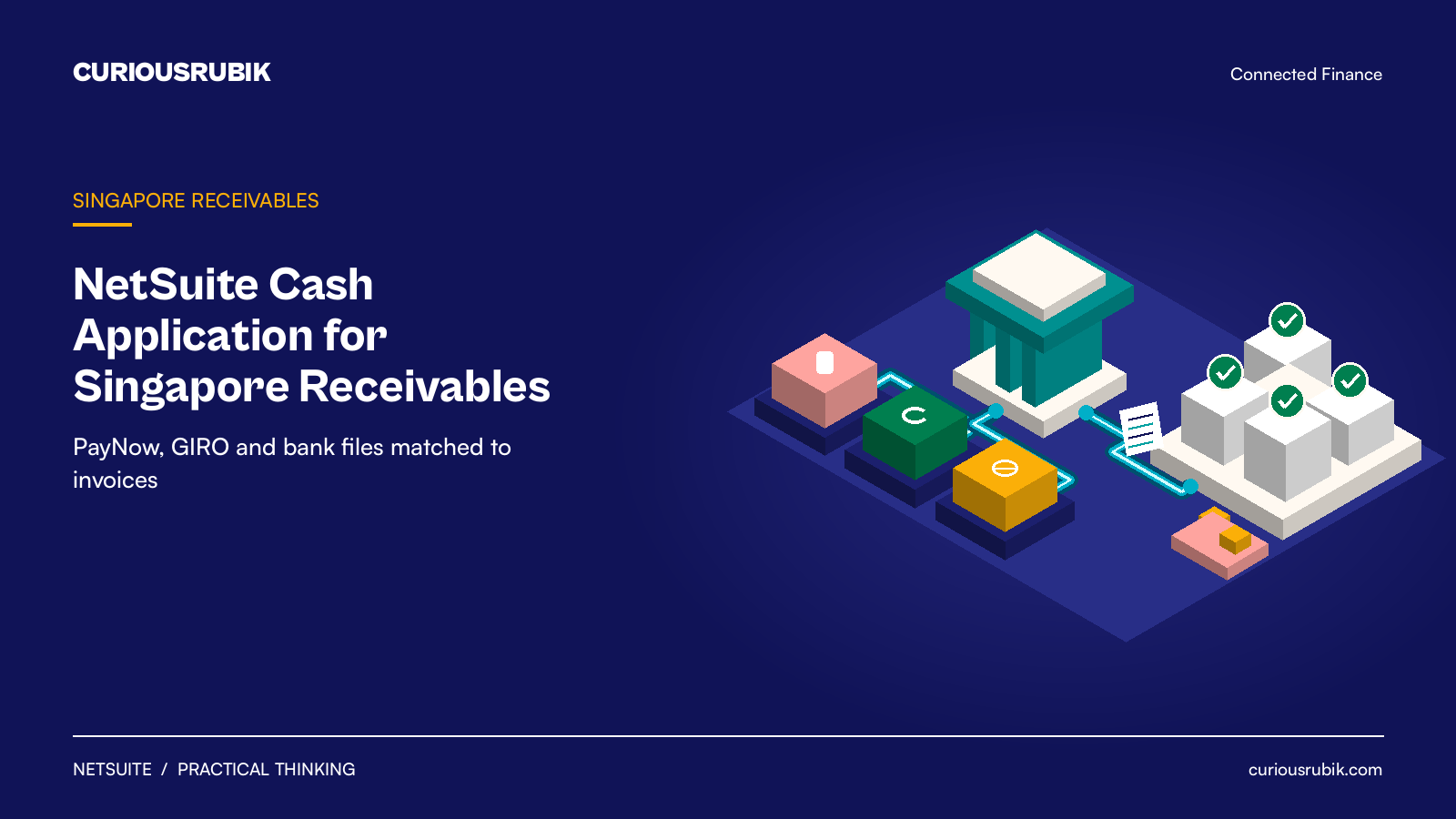 CURIOUSRUBIK isometric poster for NetSuite cash application in Singapore with PayNow, GIRO and bank file receipts flowing to invoices