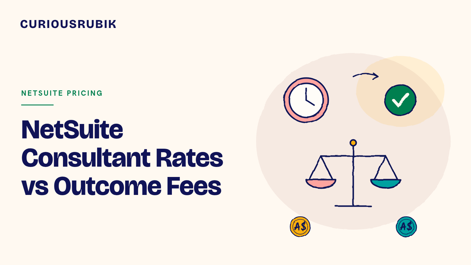 CURIOUSRUBIK title card reading NetSuite Consultant Rates vs Outcome Fees, with a sketched clock pointing to a tick badge, balance scales and two A$ coins