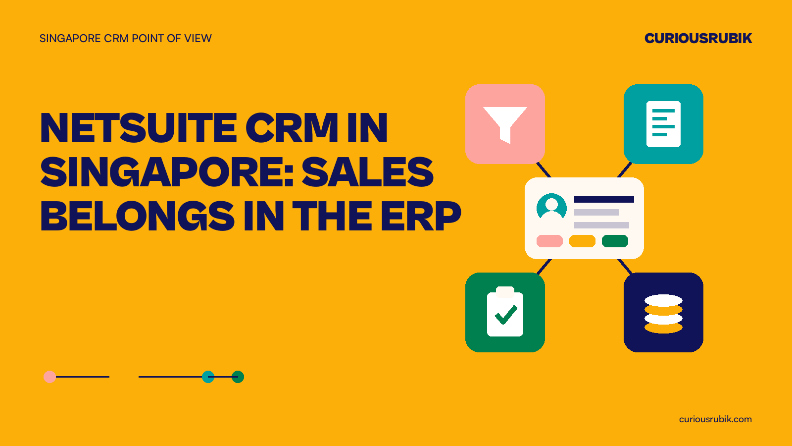 CURIOUSRUBIK amber banner reading NetSuite CRM in Singapore, with a customer record linked to lead, quote, order and cash