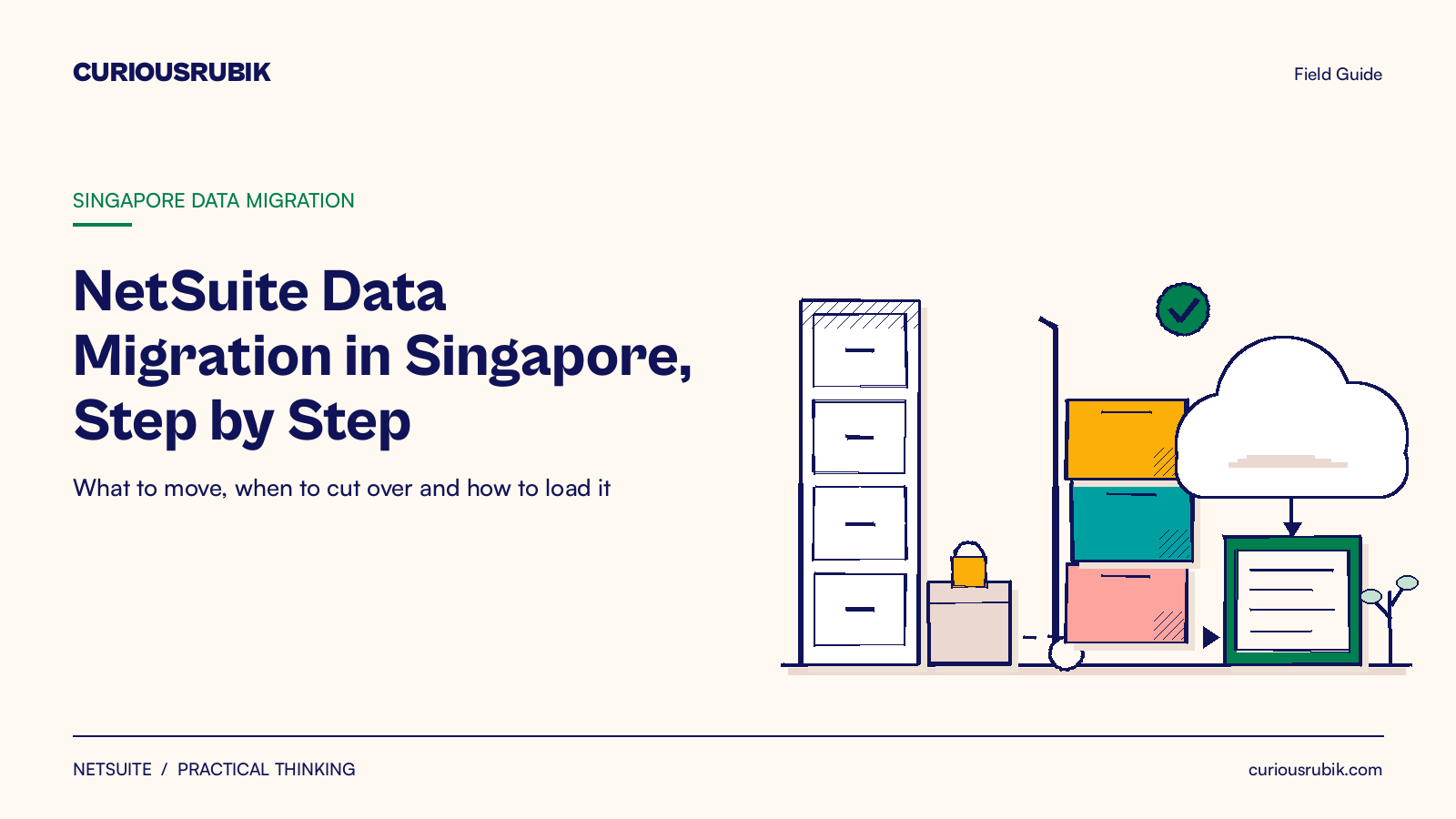 CURIOUSRUBIK ink poster for NetSuite data migration in Singapore with a filing cabinet, boxes and cloud ledger