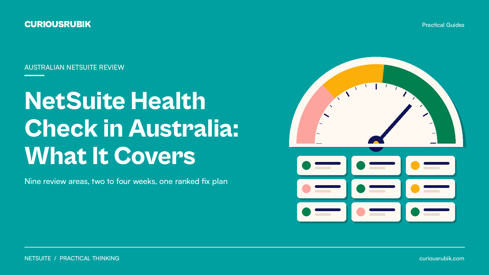 CURIOUSRUBIK teal poster for a NetSuite health check in Australia with a gauge and nine review tiles