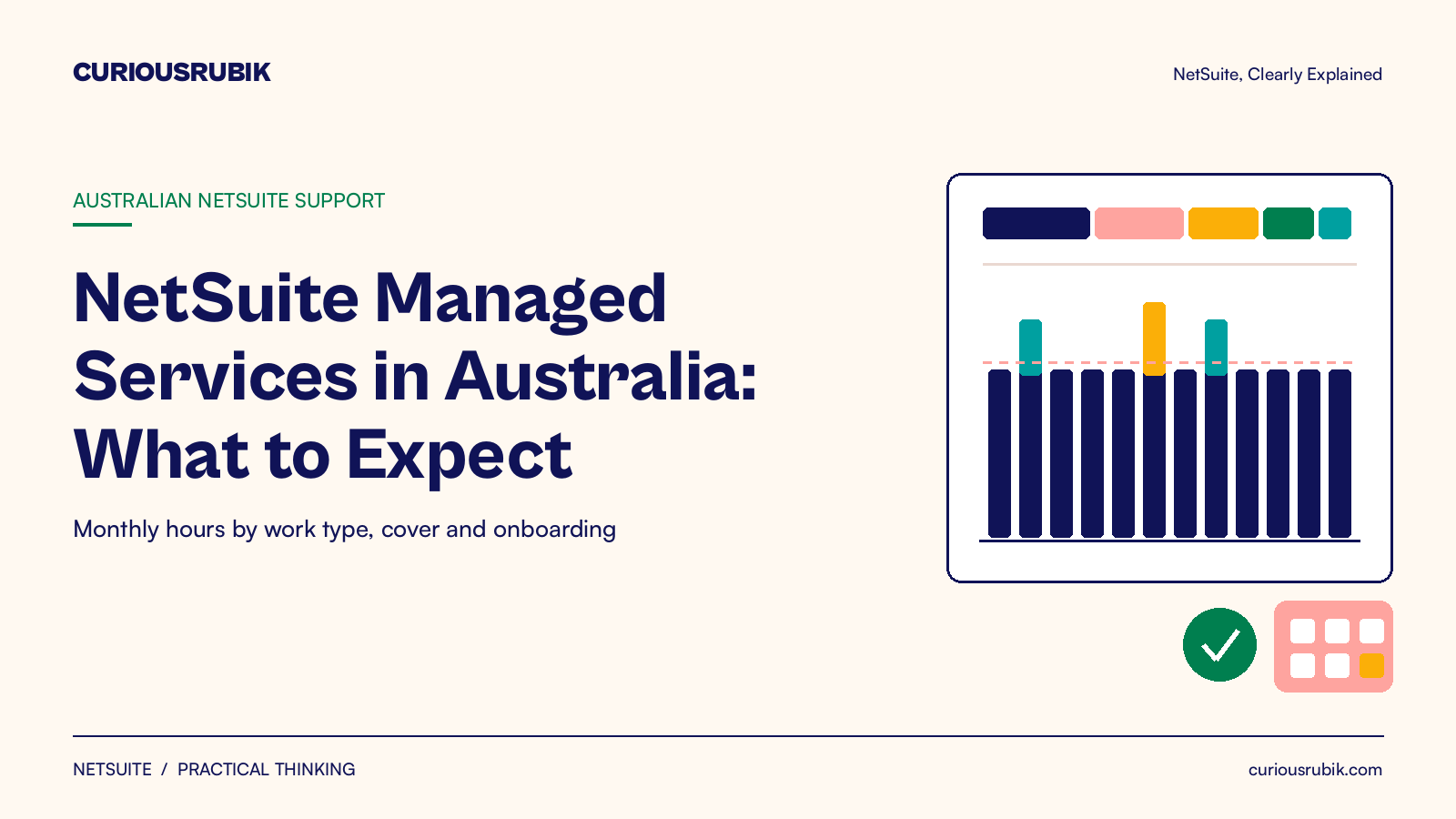 CURIOUSRUBIK cream ledger poster for NetSuite managed services in Australia with monthly hours chart by work type