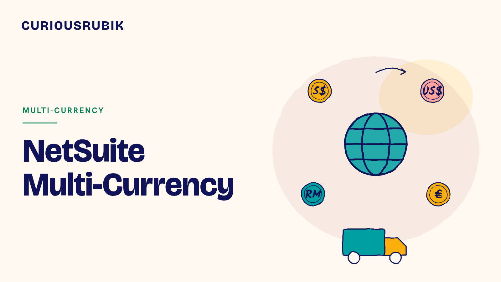 CURIOUSRUBIK title card reading NetSuite Multi-Currency, with a sketched globe surrounded by S$, US$, RM and euro coins, a curved arrow and a delivery truck