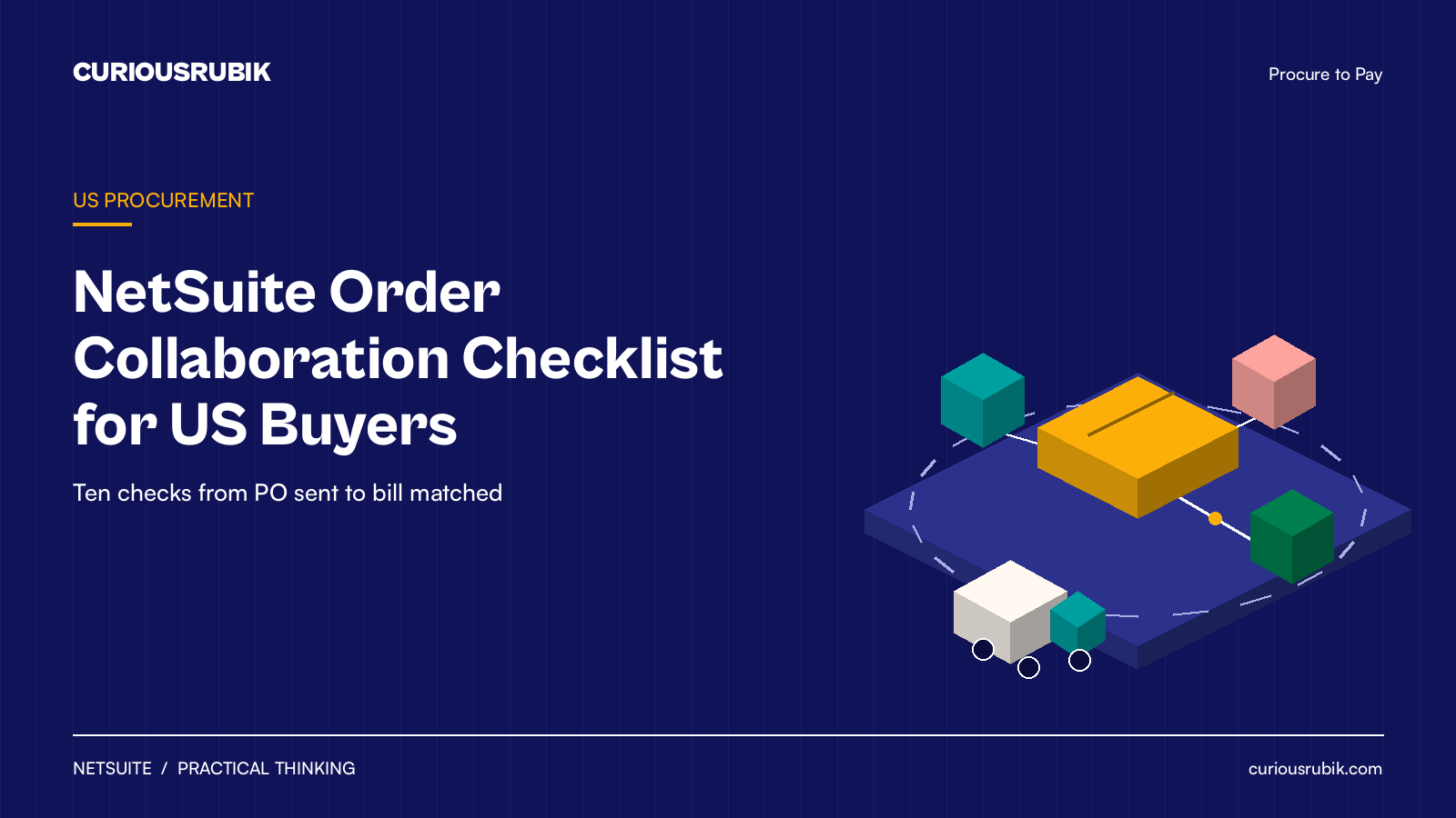 CURIOUSRUBIK navy isometric poster for NetSuite order collaboration with a purchase order hub linked to supplier blocks