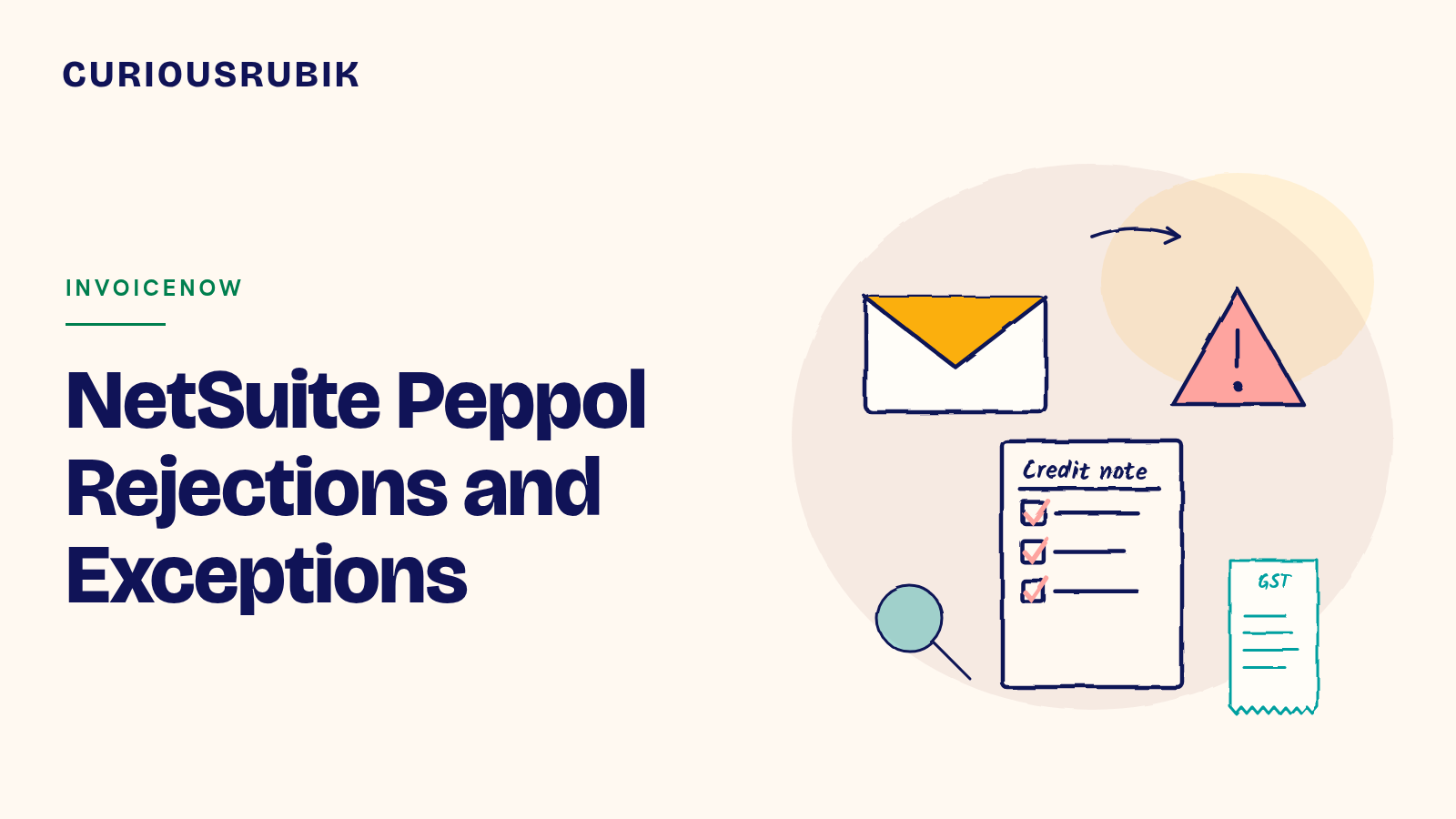 CURIOUSRUBIK title card reading NetSuite Peppol Rejections and Exceptions, with a sketched envelope, a warning sign, a credit note document, a magnifier and a GST receipt