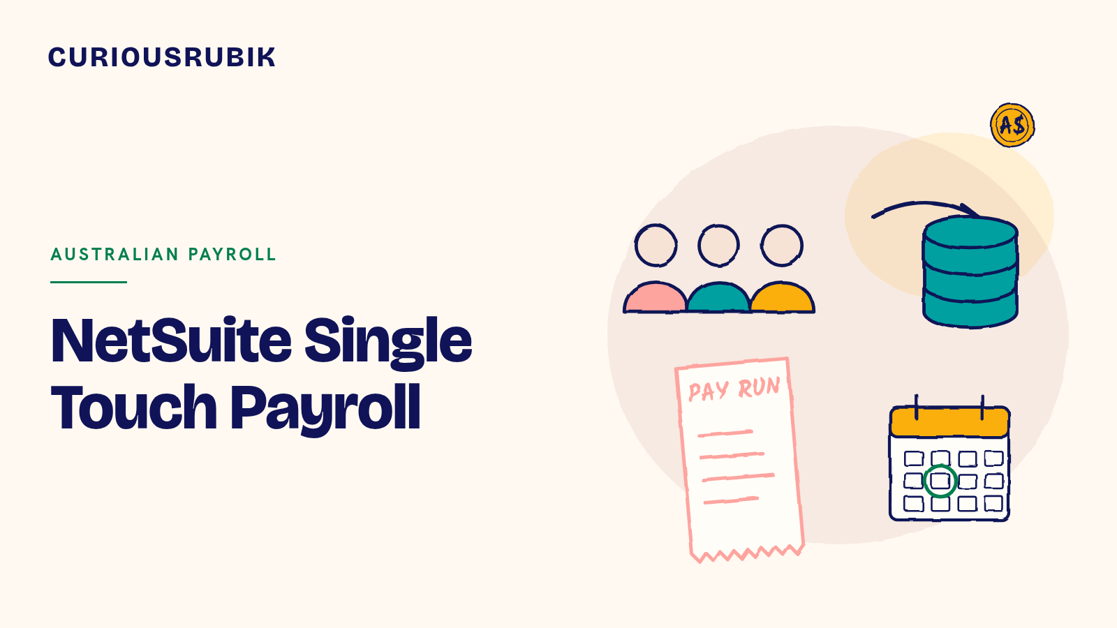 CURIOUSRUBIK title card reading NetSuite Single Touch Payroll, with sketched employees, an arrow to a teal database, a pay run receipt, a calendar and an A$ coin