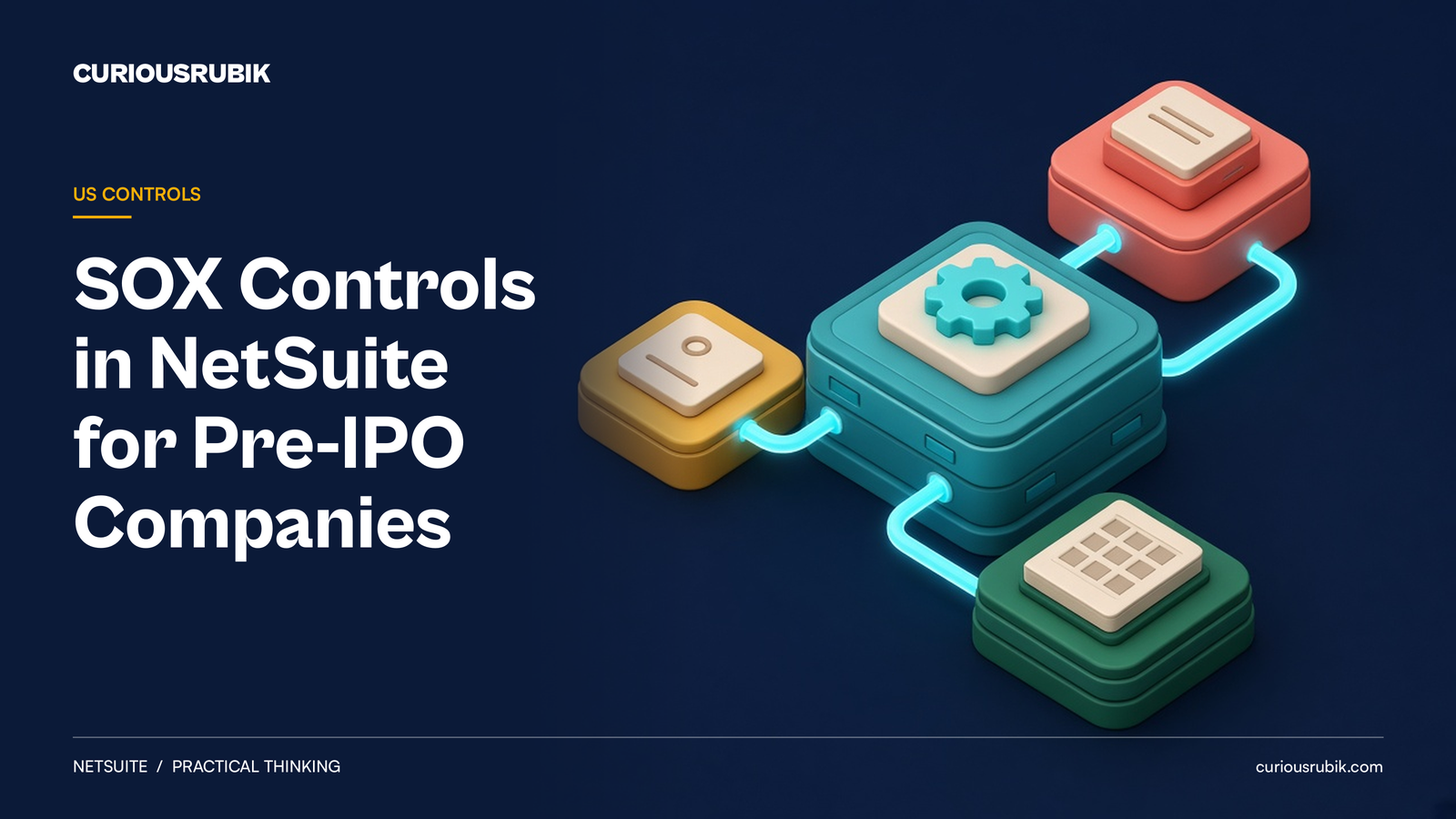 CURIOUSRUBIK 3D Isometric Infographic title card on navy reading SOX Controls in NetSuite for Pre-IPO Companies, labeled US CONTROLS