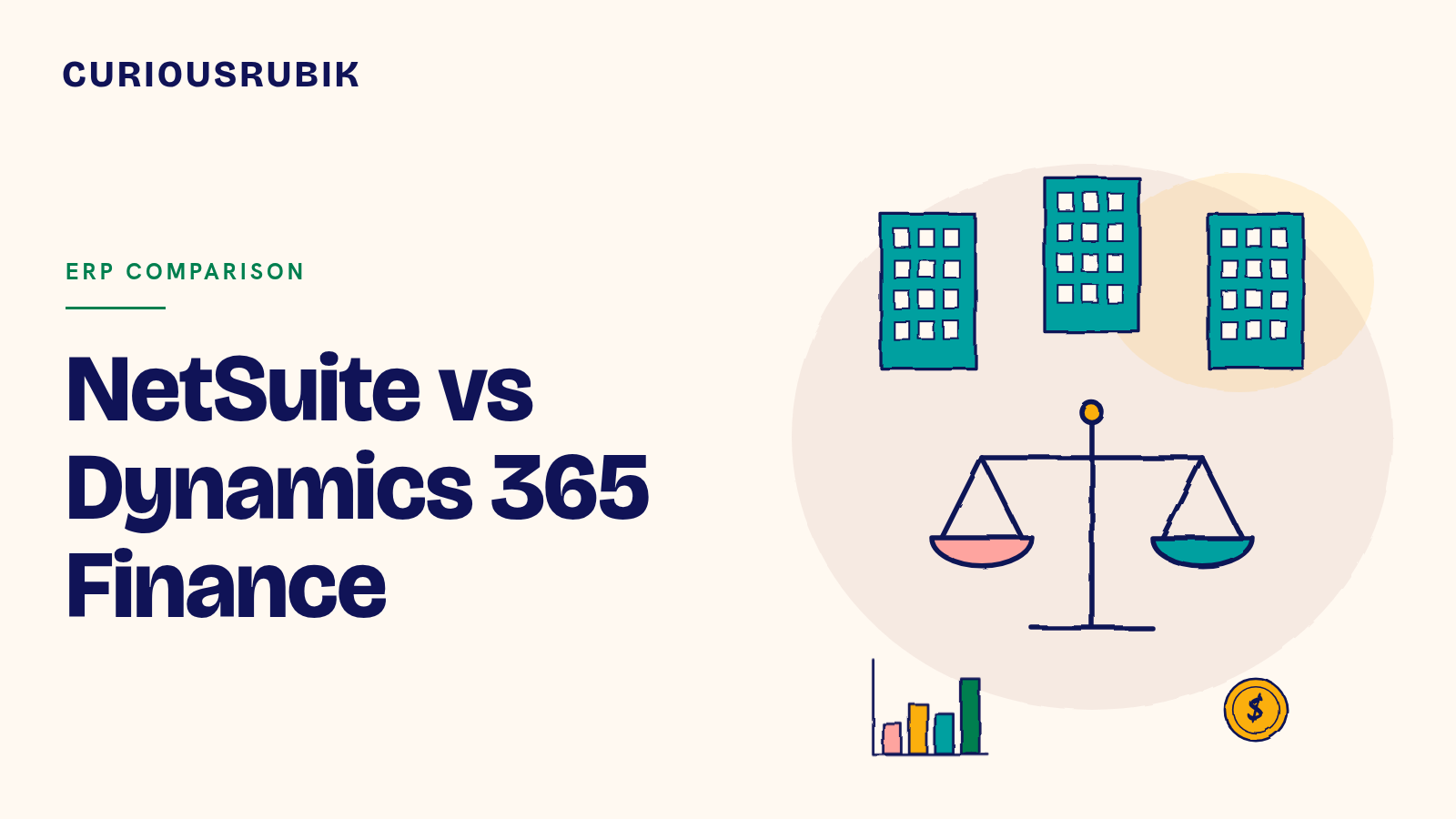 CURIOUSRUBIK title card reading NetSuite vs Dynamics 365 Finance, with three sketched office buildings for group entities above balance scales, a bar chart and a dollar coin