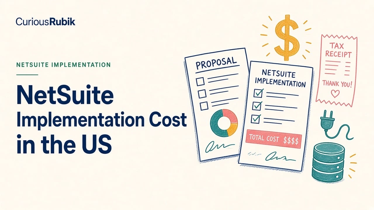 CuriousRubik title card reading NetSuite Implementation Cost in the US, with sketched proposal checklists, a total cost line, a tax receipt, an integration plug and a database icon