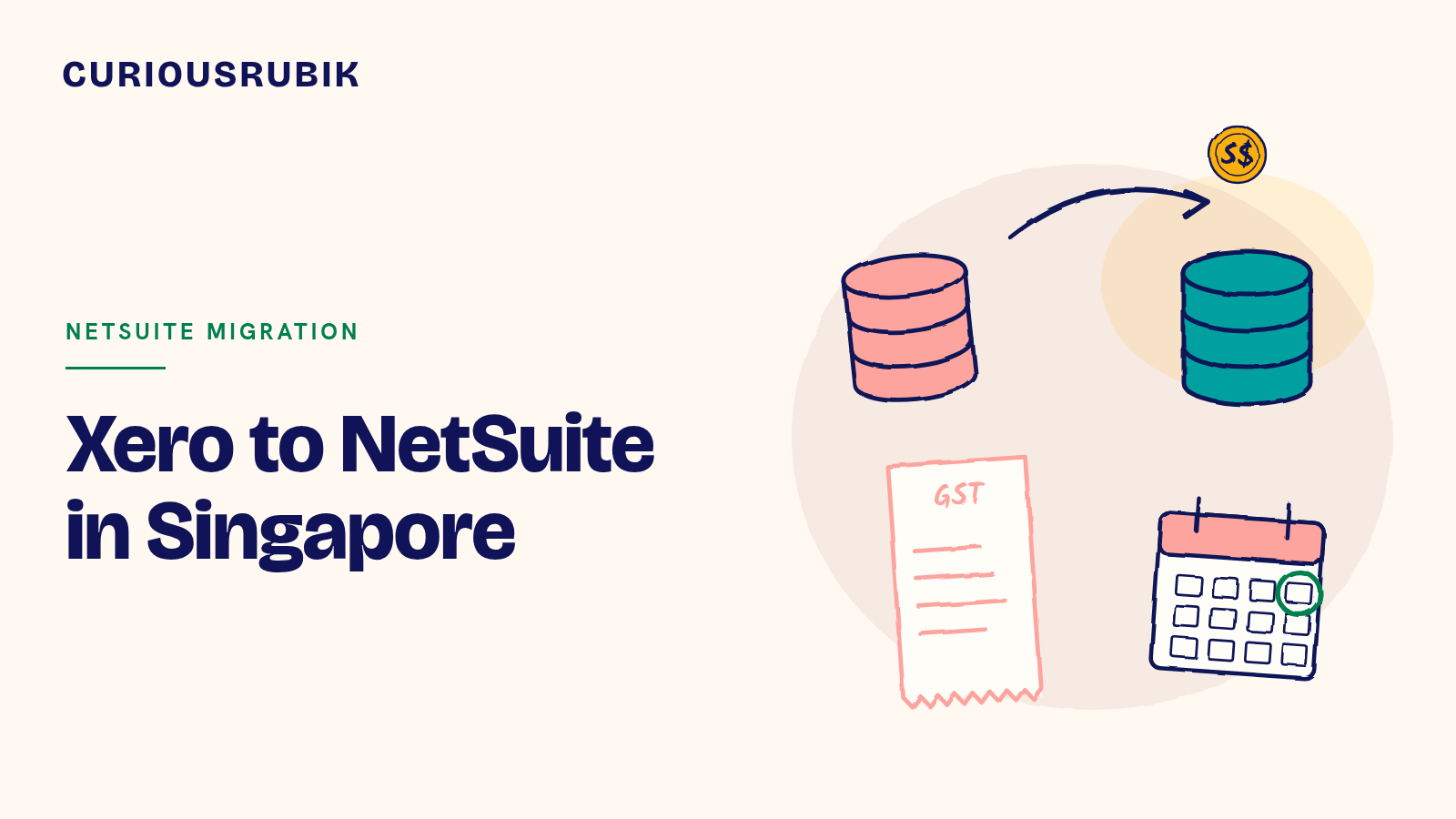 CURIOUSRUBIK title card reading Xero to NetSuite in Singapore, with sketched coral and teal databases joined by an arrow, a GST receipt, a calendar and an S$ coin