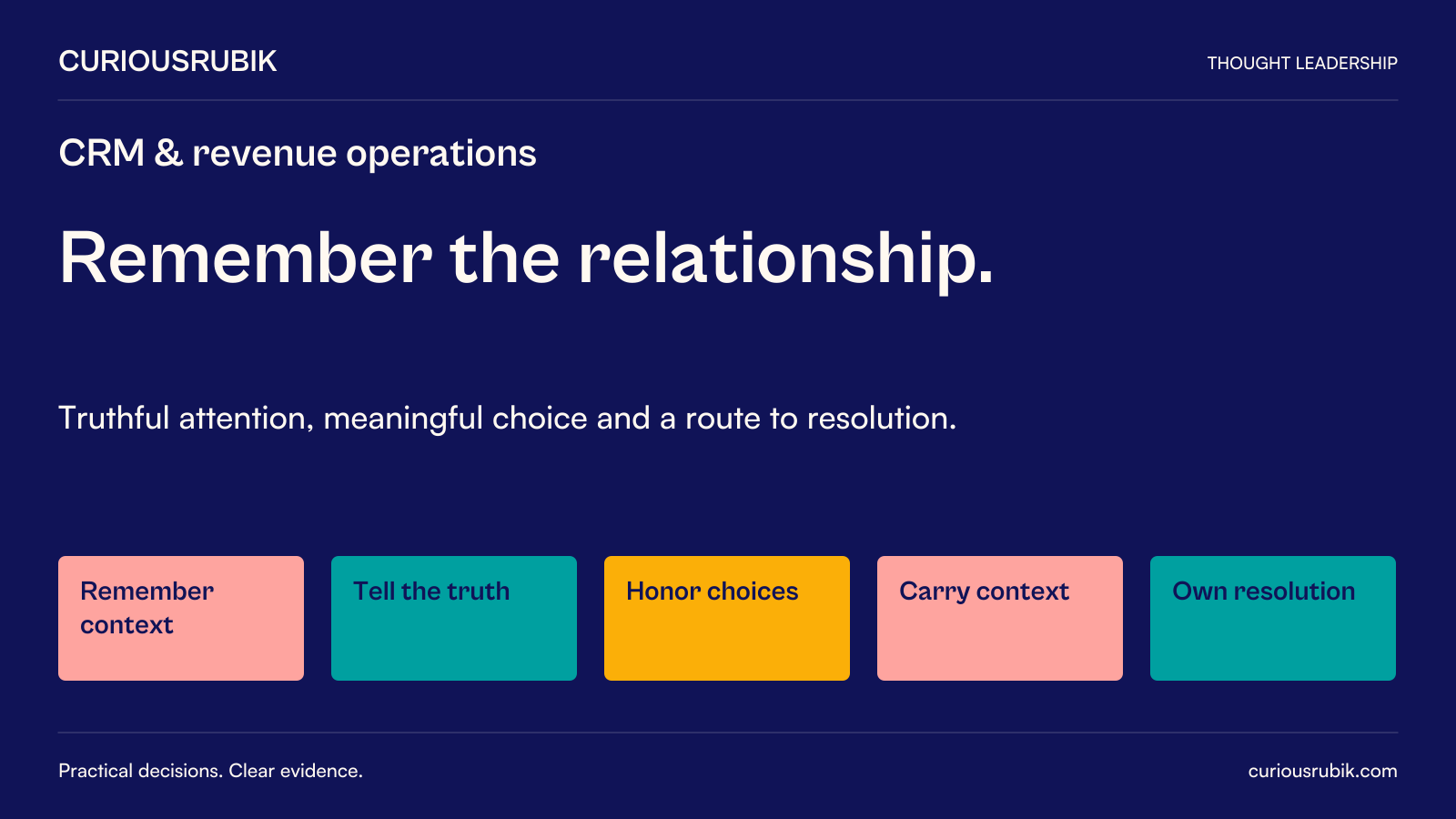 CuriousRubik editorial poster: Remember the relationship. Truthful attention, meaningful choice and a route to resolution. Supporting concepts: Remember context, Tell the truth, Honor choices, Carry context, Own resolution.