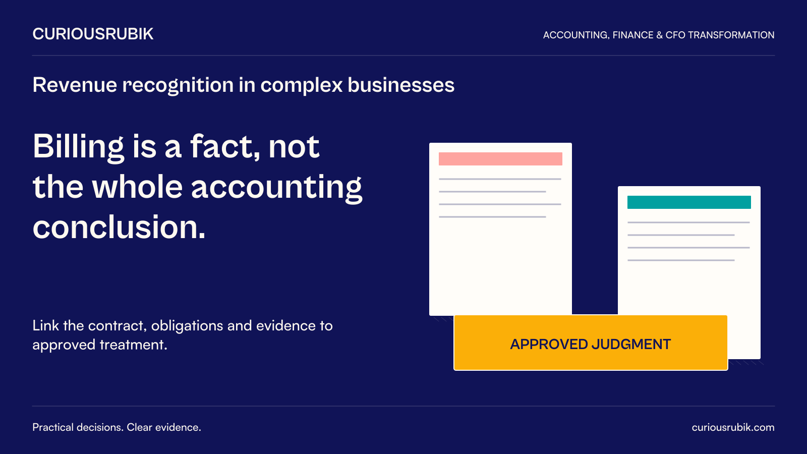Billing is a fact, not the whole accounting conclusion. Link the contract, obligations and evidence to approved treatment. Diagram: Two source documents sit behind an Approved judgment boundary.