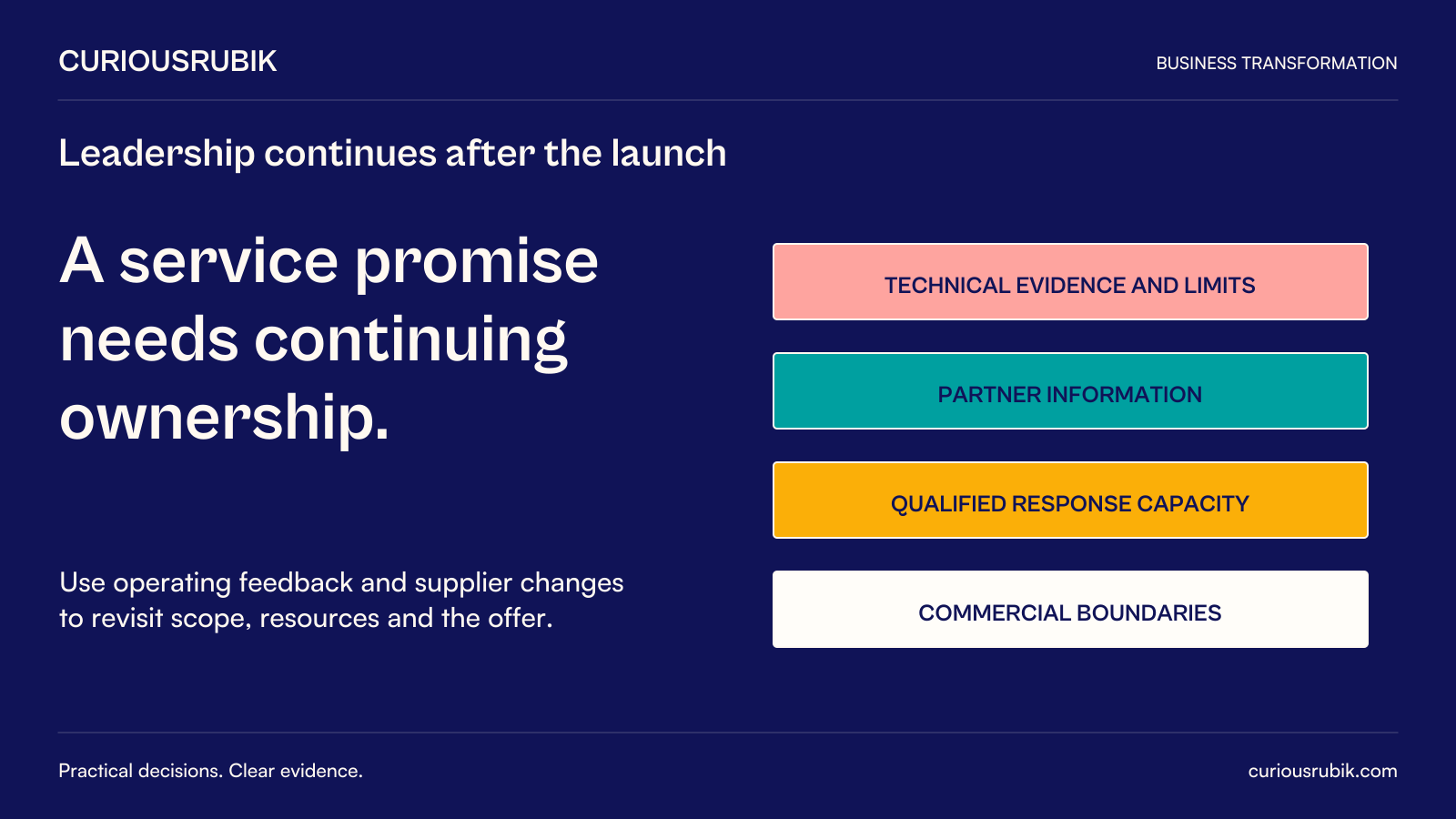 CuriousRubik poster: A service promise needs continuing ownership of technical evidence and limits, partner information, qualified response capacity and commercial boundaries. Use operating feedback and supplier changes to revisit scope, resources and the offer.