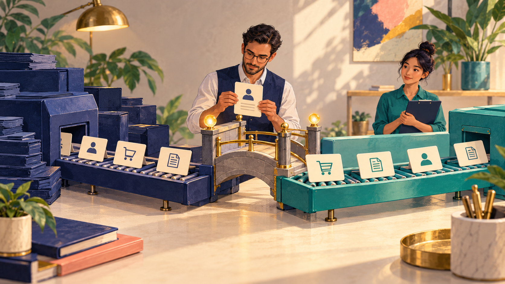 Two consultants check transaction cards crossing a guarded bridge from an indigo processing lane to a teal lane.