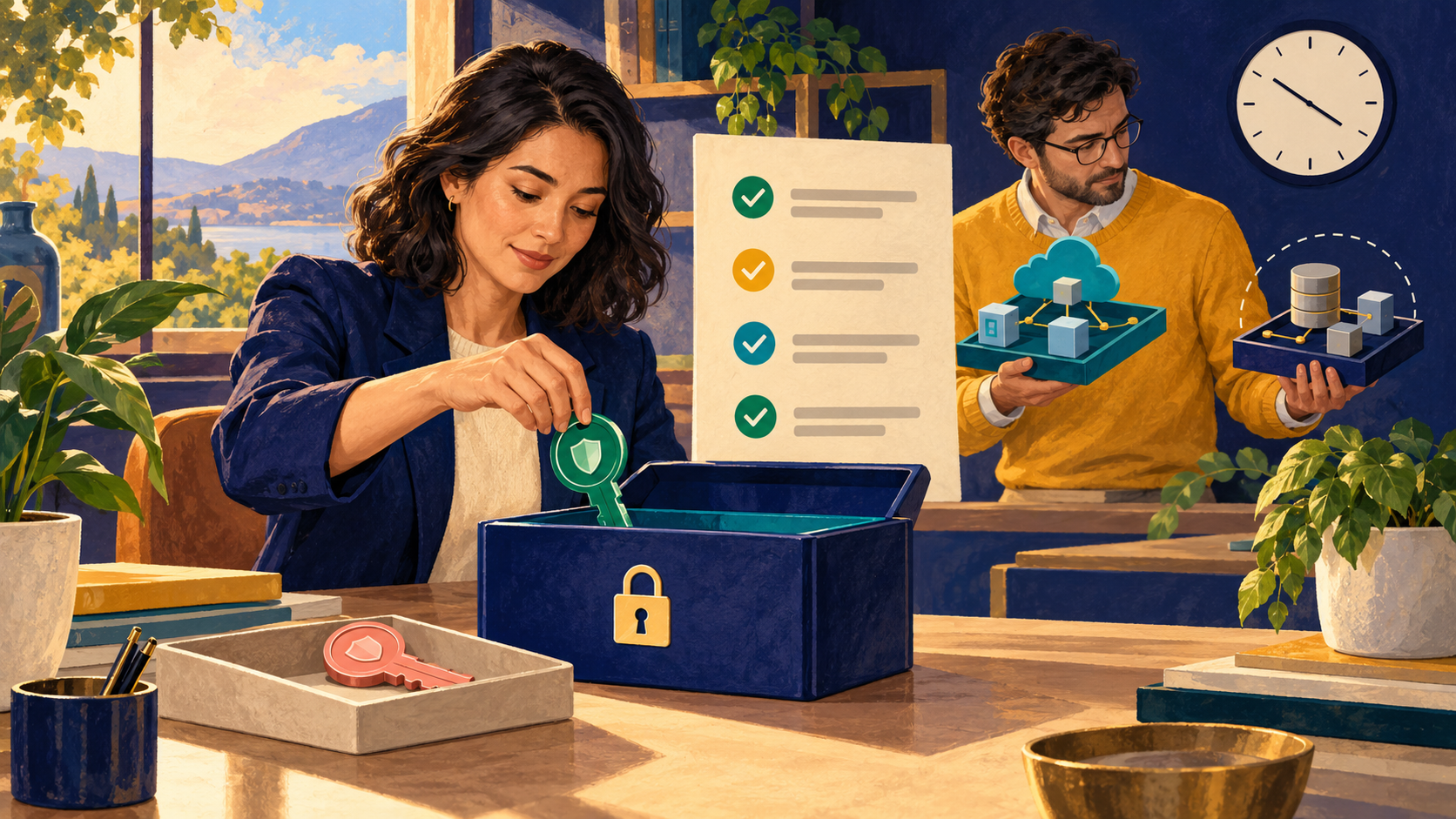 An administrator replaces a certificate key while a colleague checks active and standby application models.