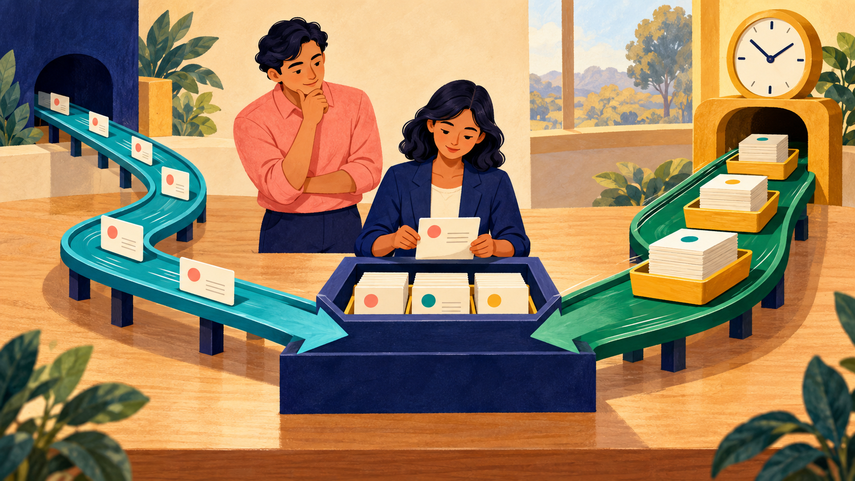 Individual event cards and scheduled stacks travel along separate lanes into one reviewed ledger station.