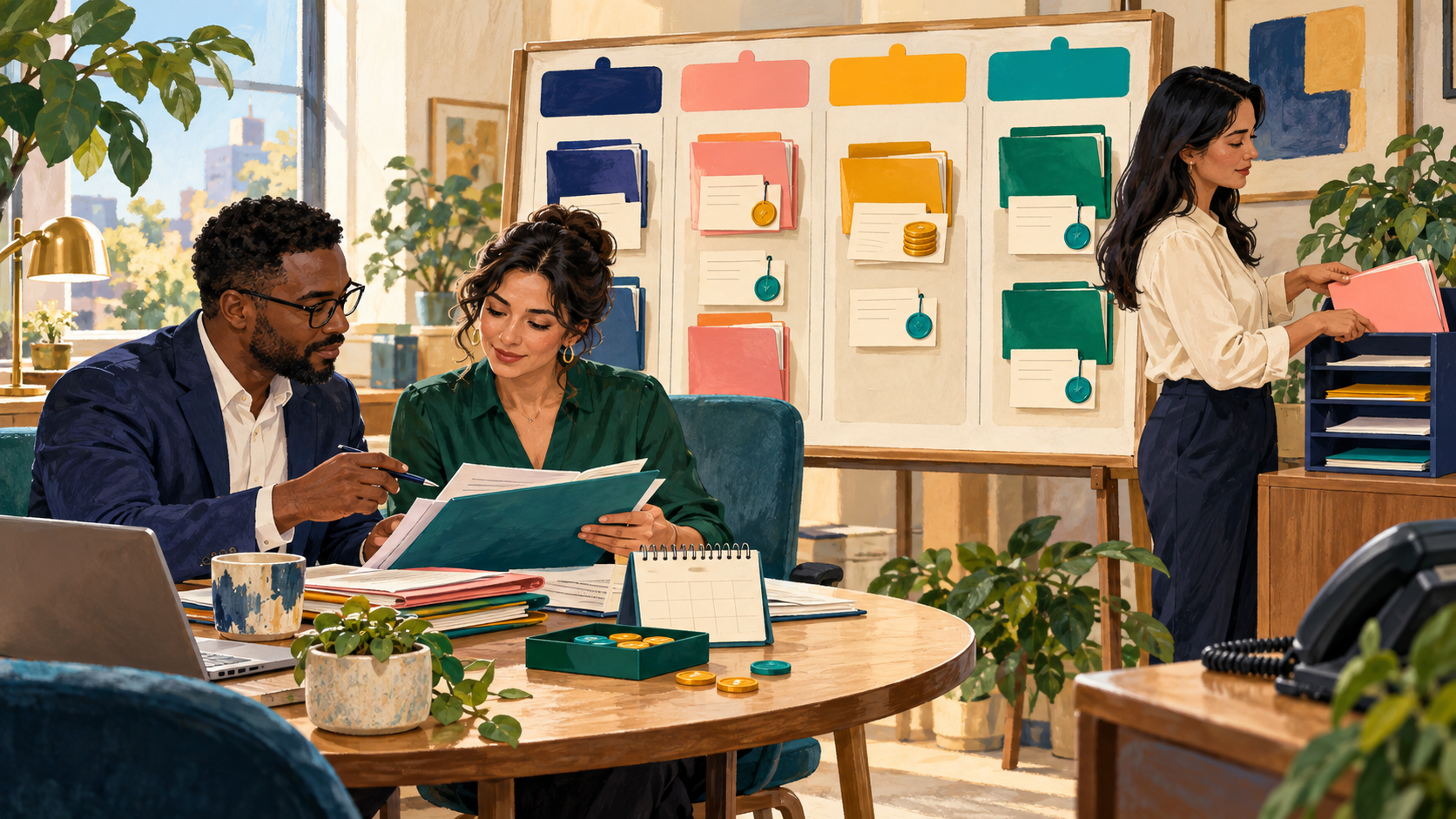 Finance colleagues review dated promise cards and partial payment markers while a dispute folder moves to its owner.