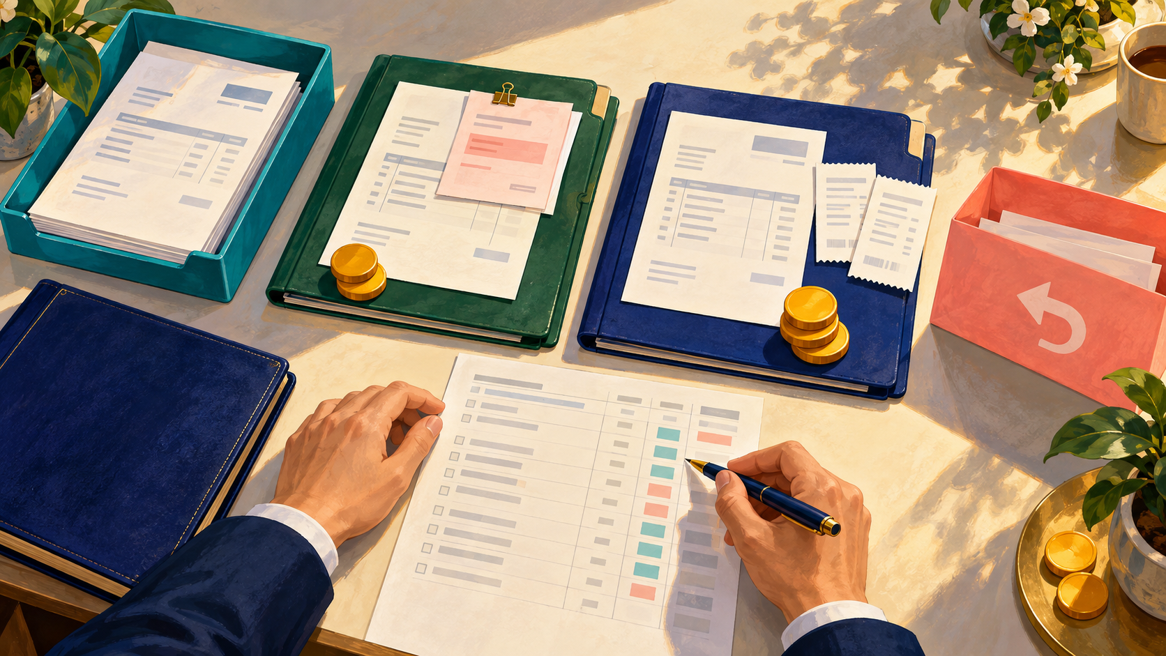 A credit-adjustment case and a duplicate-receipt case are compared with application and refund trays.