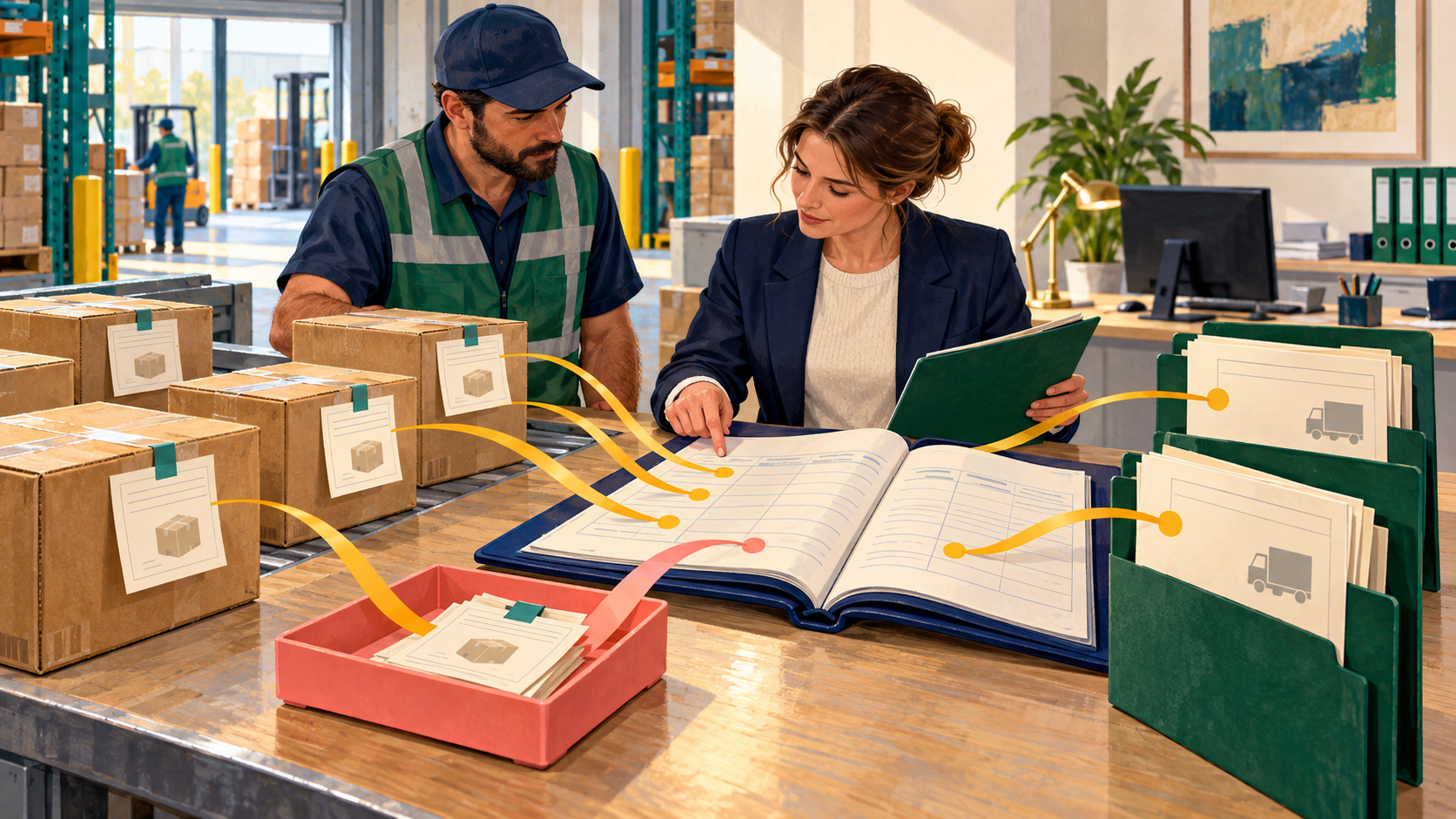 A controller and warehouse colleague trace receipt cards and supplier bills to a ledger, with one unmatched receipt tray.