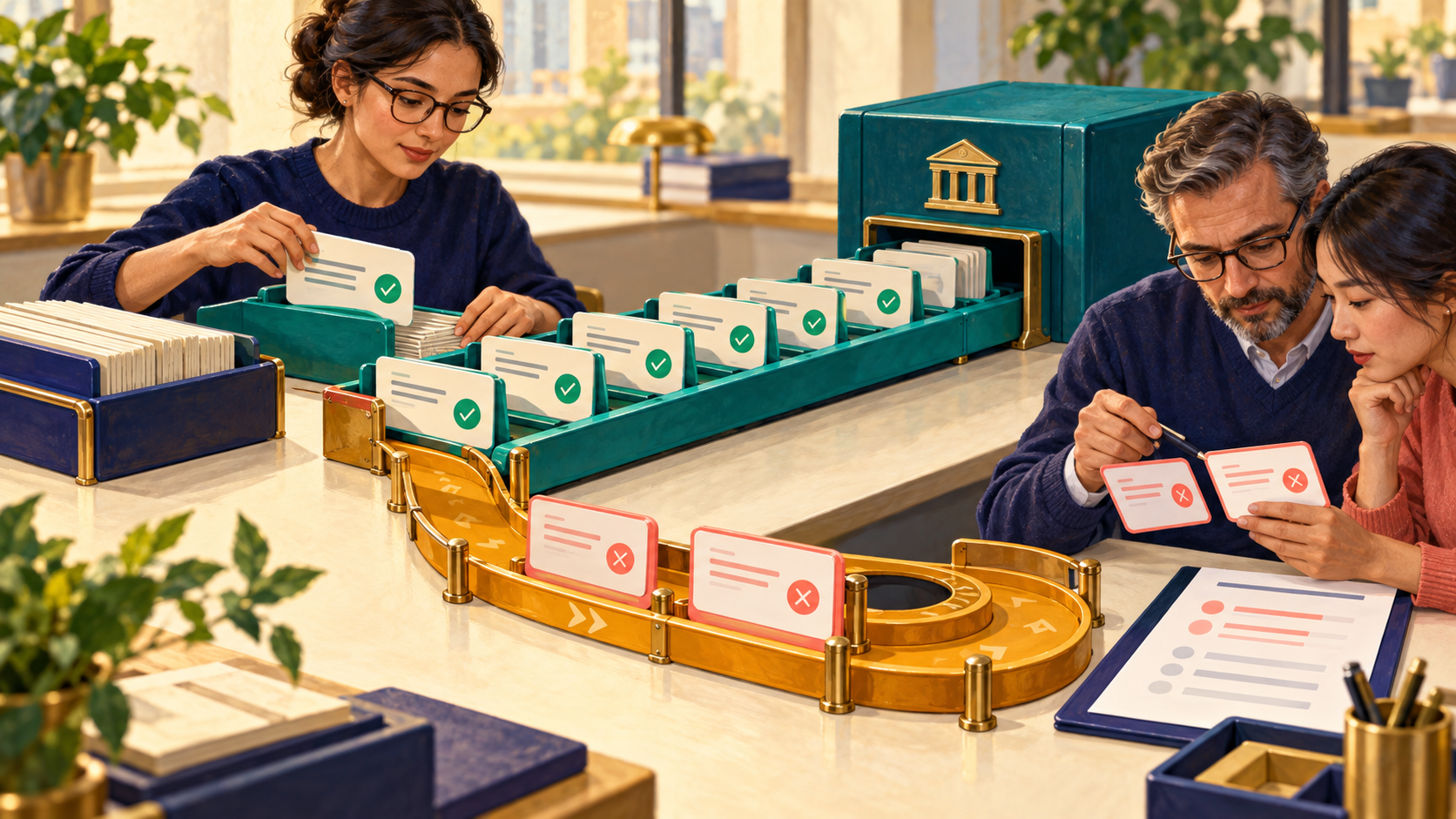 Accepted payment cards move toward a bank tray while rejected lines use a separate correction and retry track.