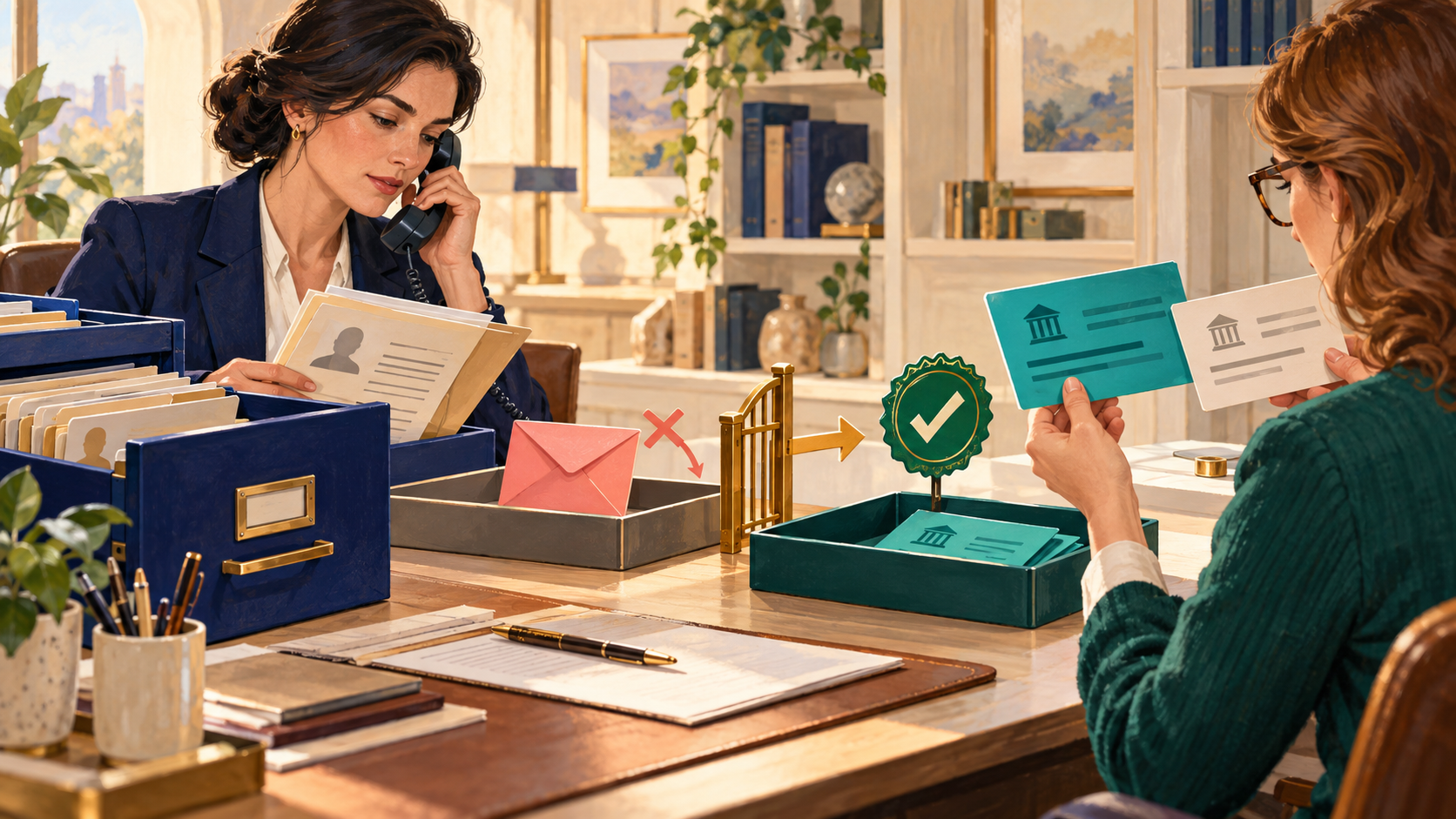 A finance reviewer verifies a vendor using an established contact while a colleague compares old and new bank-detail cards.