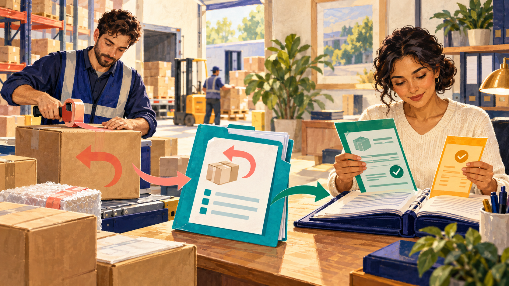 A warehouse employee prepares supplier returns while a finance reviewer matches the return evidence to a vendor credit and refund receipt.